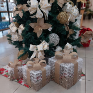 Natal Conjunto Presentes Decorativos 3 Peças Cor Branco Com Glitter Champanhe - Florarte